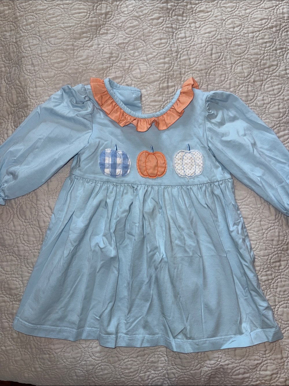 Light Blue Pumpkin Appliqué Kids Dress with Orange Ruffle